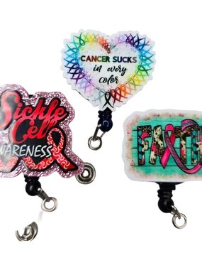 Awareness Badge Reel Trio - Rainbow Heart, Pink Sickle Cell, Pink Ribbon Faith